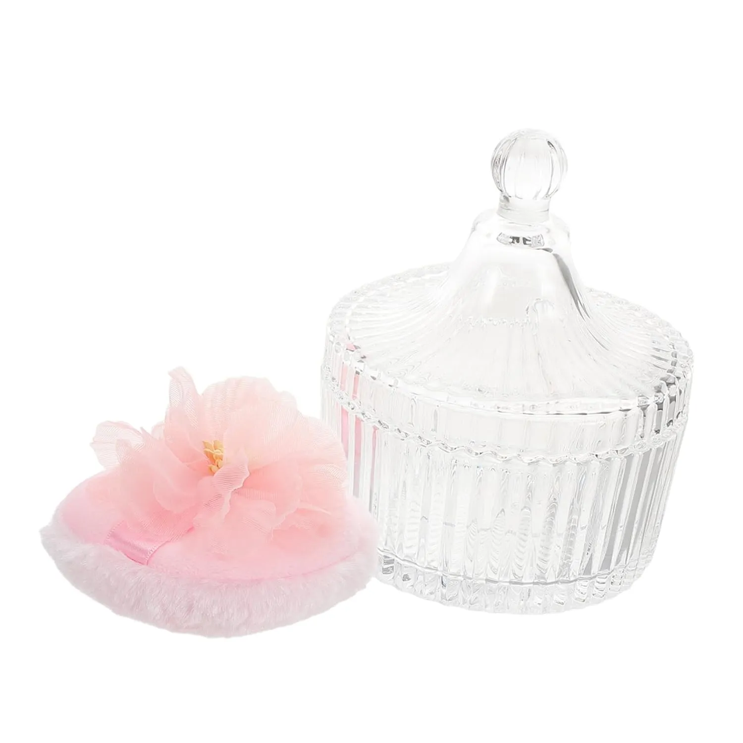 1 Set Powder Puff with Glass Dustproof Storage Box Dual Sided Velvet Makeup Puff for Body Powder Stylish Ribbon Flower Design Reusable Convenient Cosmetic Tool
