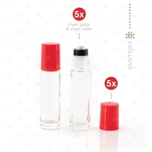 10ml Clear Glass Roller Bottle with Lipstick Kiss (Red) Lid & Premium Stainless Steel Rollerball - 5 pack (NEW STYLE)