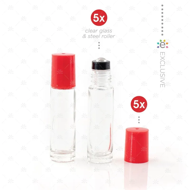 10ml Clear Glass Roller Bottle with Lipstick Kiss (Red) Lid & Premium Stainless Steel Rollerball - 5 pack (NEW STYLE)