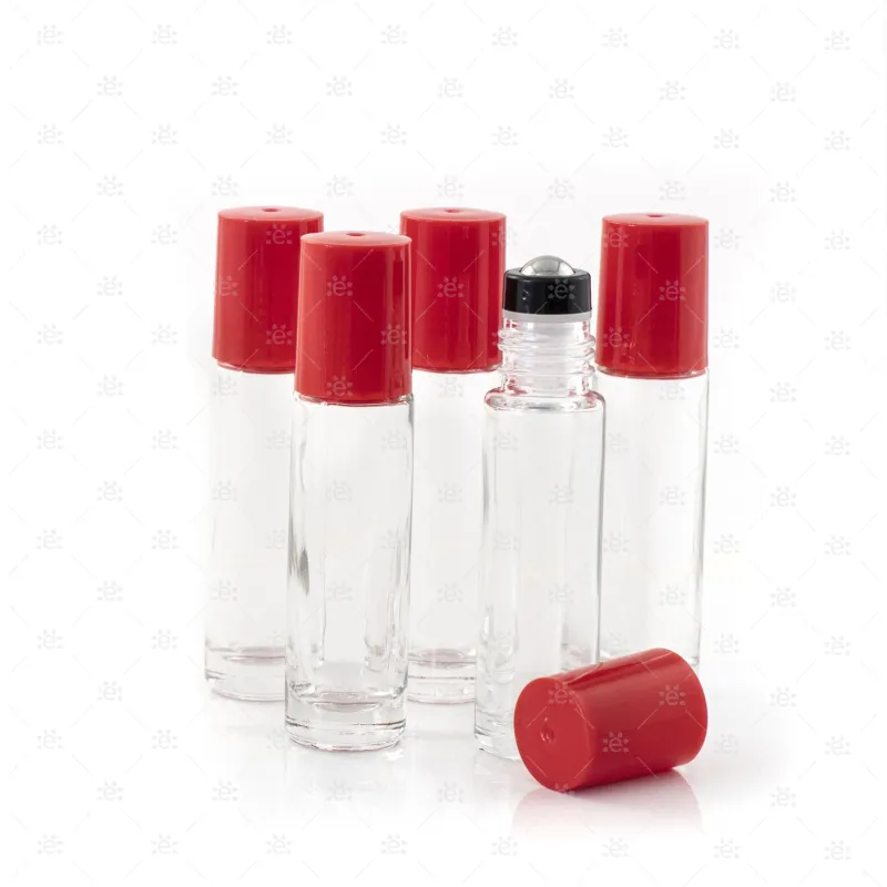10ml Clear Glass Roller Bottle with Lipstick Kiss (Red) Lid & Premium Stainless Steel Rollerball - 5 pack (NEW STYLE)