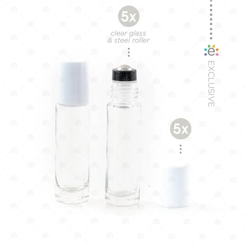 10ml Clear Glass Roller Bottle with Snow (White) Lid & Premium Stainless Steel Rollerball - 5 pack (NEW STYLE)