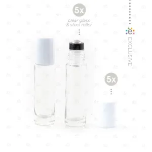 10ml Clear Glass Roller Bottle with Snow (White) Lid & Premium Stainless Steel Rollerball - 5 pack (NEW STYLE)