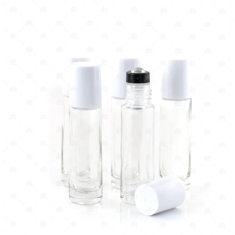 10ml Clear Glass Roller Bottle with Snow (White) Lid & Premium Stainless Steel Rollerball - 5 pack (NEW STYLE)