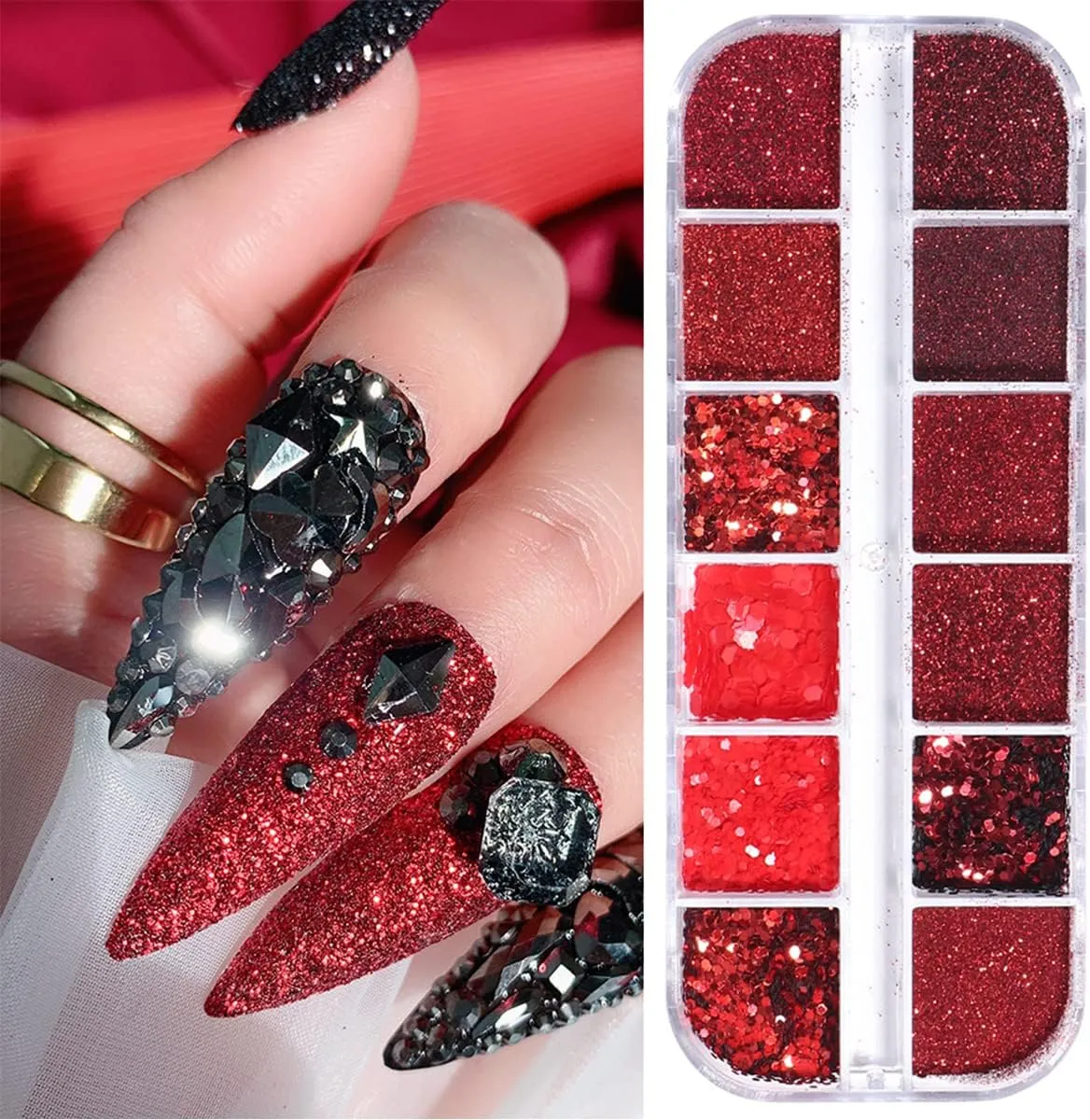 12 Grids Red Nail Glitter Dip Powder Holographic Chunky Sequins Sugar Fairy Glitters Pigment Dust for Nails Art Designs Loose Reflective Manicure Shiny Flakes Decoration