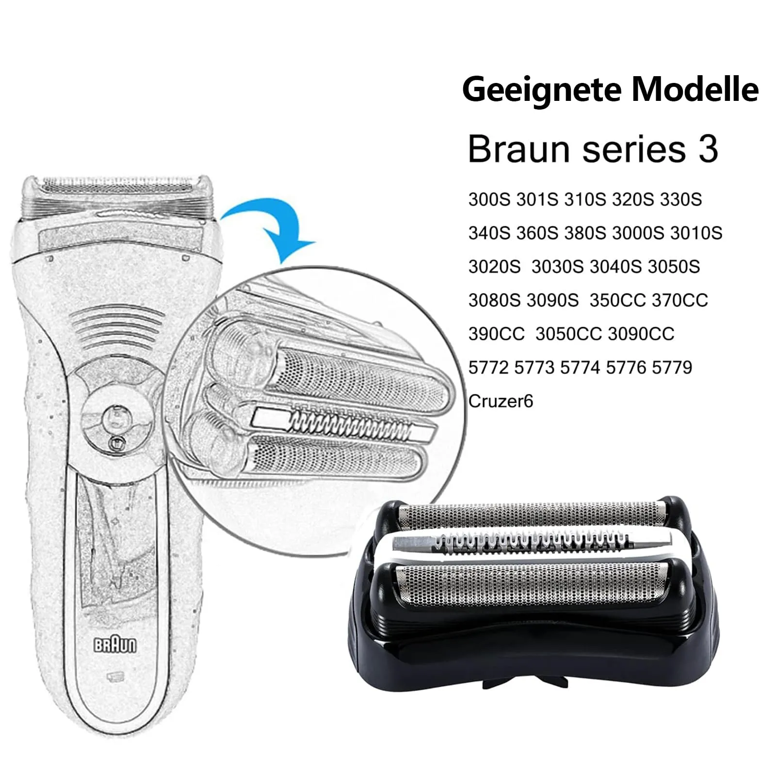 32b shaving head for Braun Series 3, shaving blade compatible with Braun Series 3 Proskin, replacement shaving head for Braun 3040s 3020s 3010s 3050s 3070cc 3080s, accessories for Braun electric shaver S3【2 pieces】