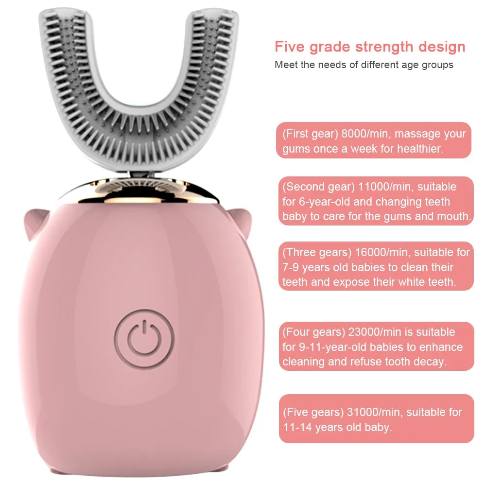 360 Degree Electric Toothbrush For Children Smart U-shaped Silicone Automatic Ultrasonic Toothbrush Cartoon Pattern For Children