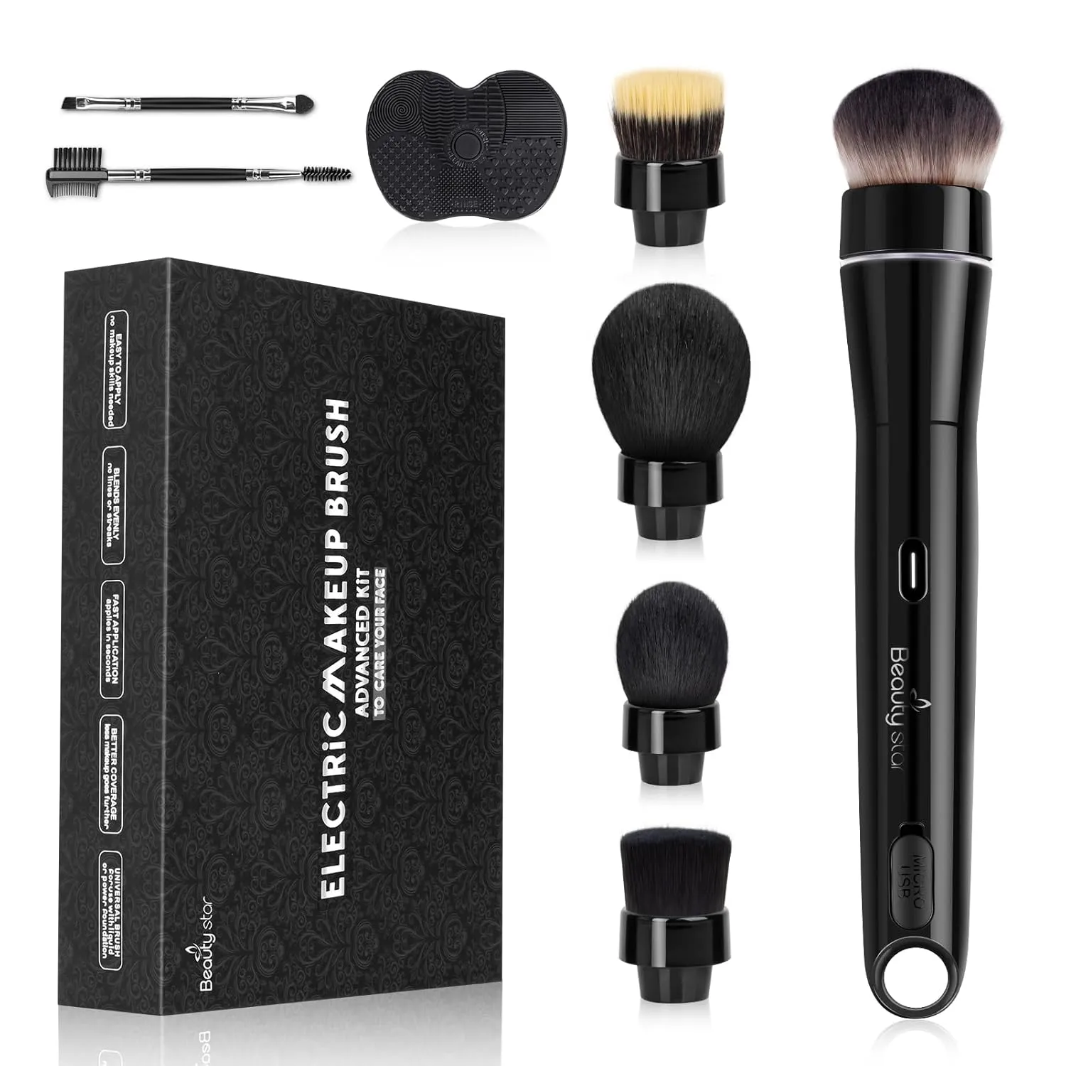 360 Electric Rotating Makeup Brush Set, 5 Vegan Brush Heads, Rechargeable Blending Face Brushes For Foundation, Blush, Powder, Bronzer, Contour, Highlight & Airbrush Finish, Flat Kabuki Brush