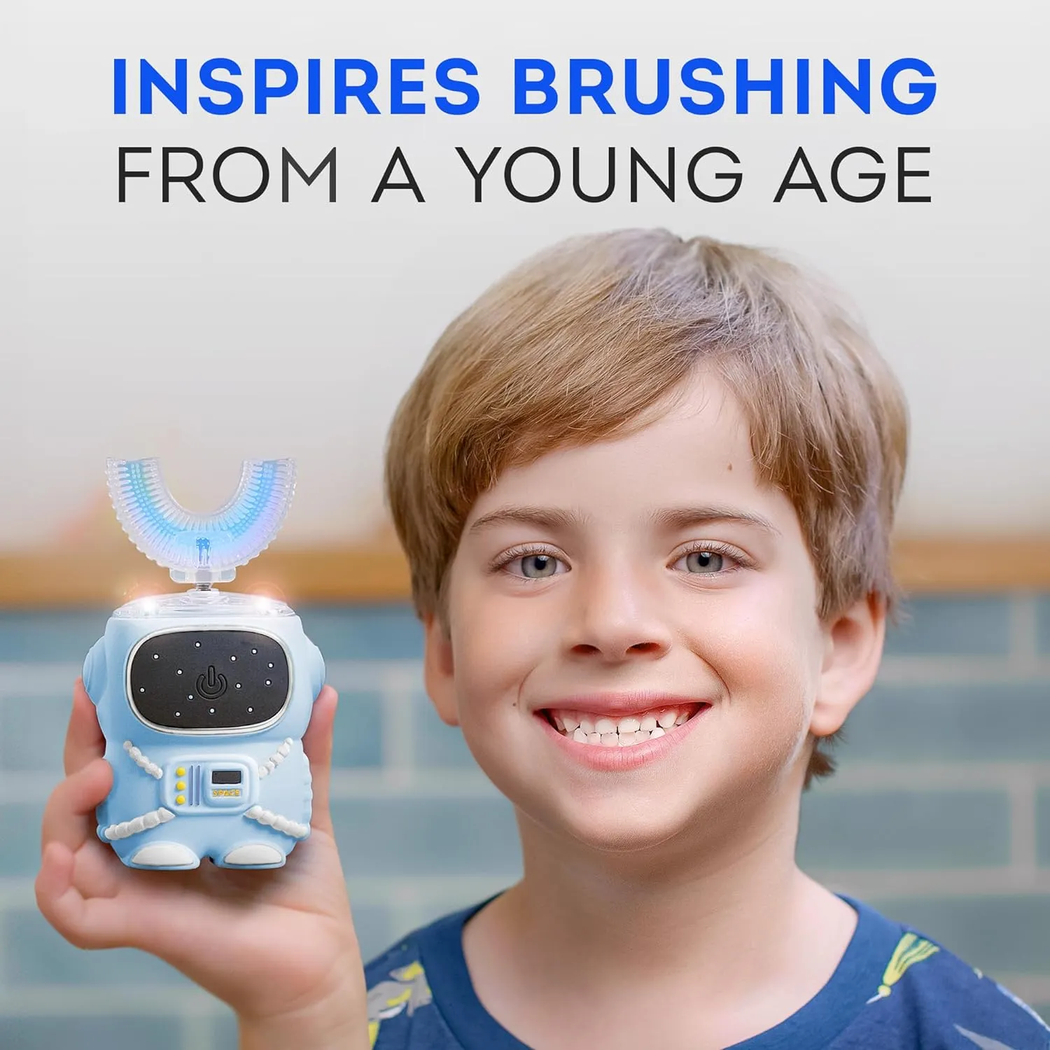 360 Round U-Shaped Astronaut Design Mouthguard Electric Toothbrush for Kids Ages 2-7 - Automatic Memory Function - 5 Modes Toothbrush with Multiple Heads – Kids Travel Essentials (Blue)