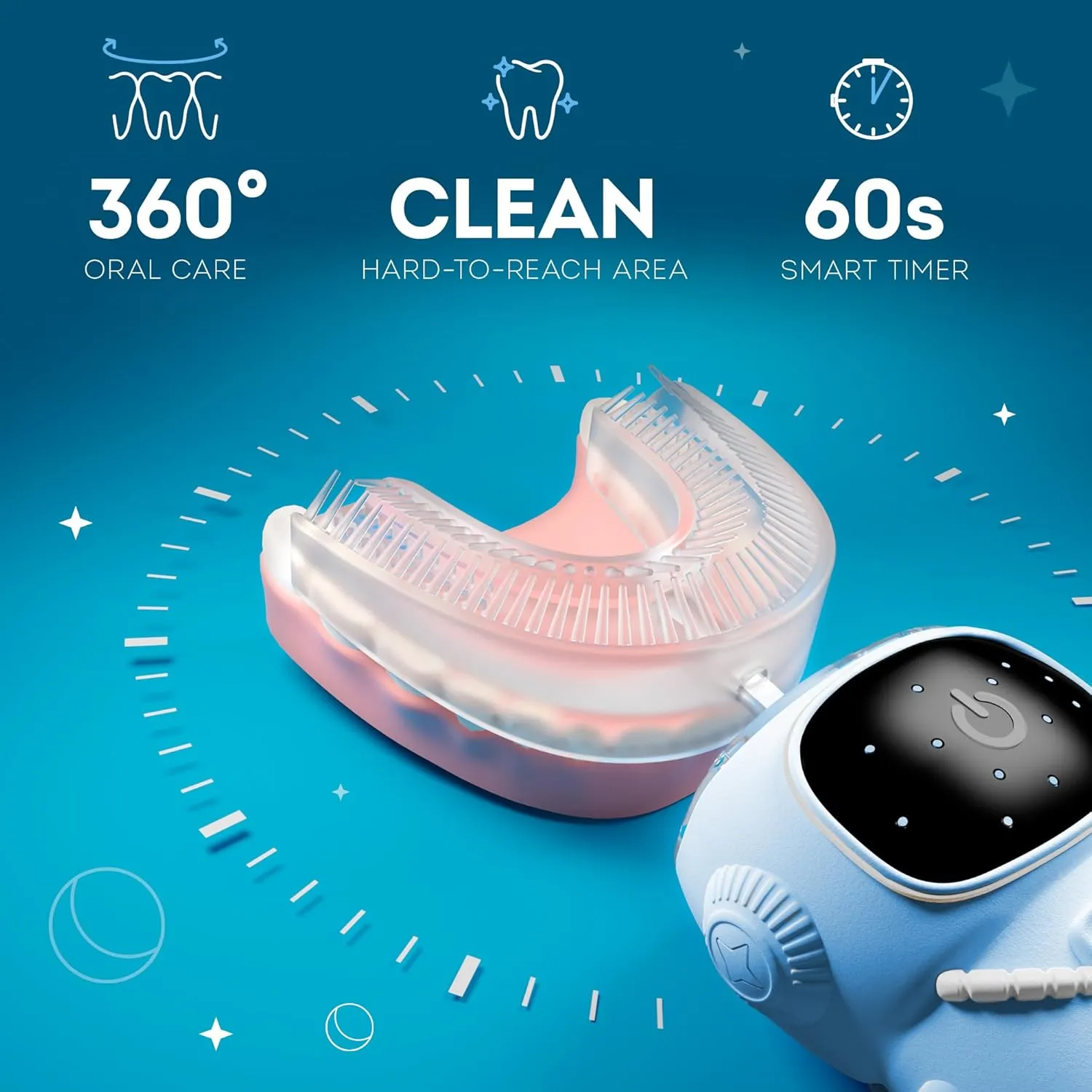 360 Round U-Shaped Astronaut Design Mouthguard Electric Toothbrush for Kids Ages 2-7 - Automatic Memory Function - 5 Modes Toothbrush with Multiple Heads – Kids Travel Essentials (Blue)