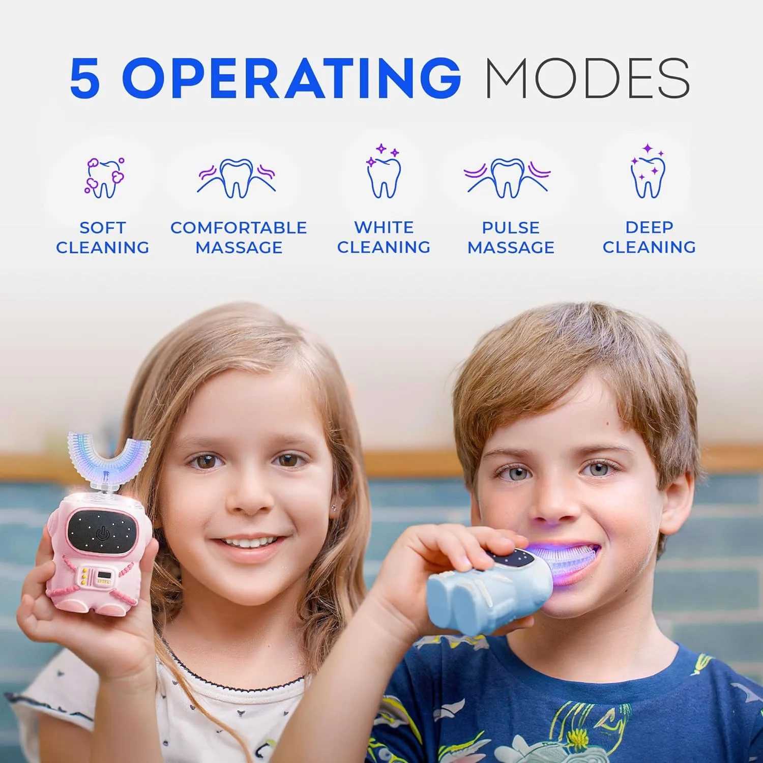 360 Round U-Shaped Astronaut Design Mouthguard Electric Toothbrush for Kids Ages 2-7 - Automatic Memory Function - 5 Modes Toothbrush with Multiple Heads – Kids Travel Essentials (Blue)