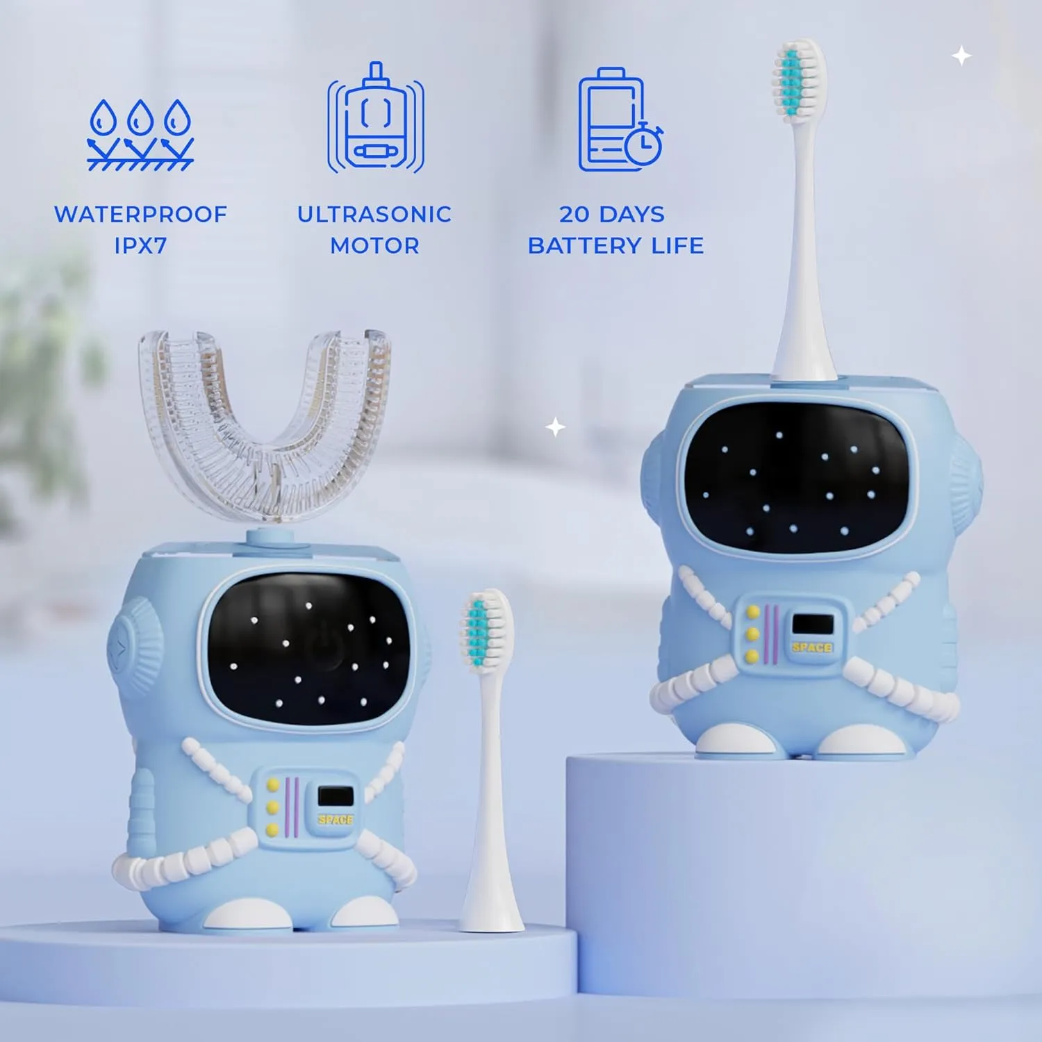 360 Round U-Shaped Astronaut Design Mouthguard Electric Toothbrush for Kids Ages 2-7 - Automatic Memory Function - 5 Modes Toothbrush with Multiple Heads – Kids Travel Essentials (Blue)