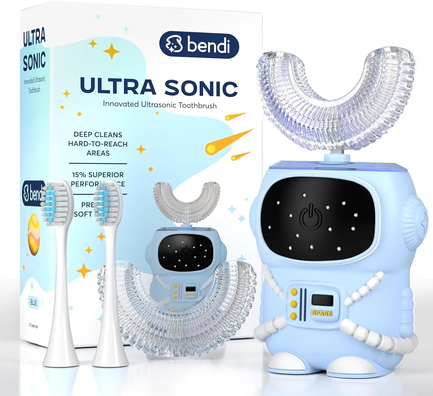 360 Round U-Shaped Astronaut Design Mouthguard Electric Toothbrush for Kids Ages 2-7 - Automatic Memory Function - 5 Modes Toothbrush with Multiple Heads – Kids Travel Essentials (Blue)