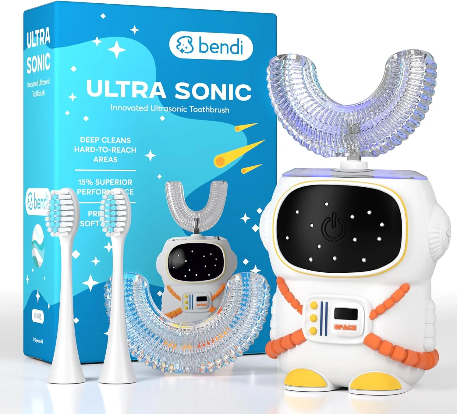 360 Round U-Shaped Astronaut Design Mouthguard Electric Toothbrush for Kids Ages 2-7 - Automatic Memory Function - 5 Modes Toothbrush with Multiple Heads – Kids Travel Essentials (Blue)