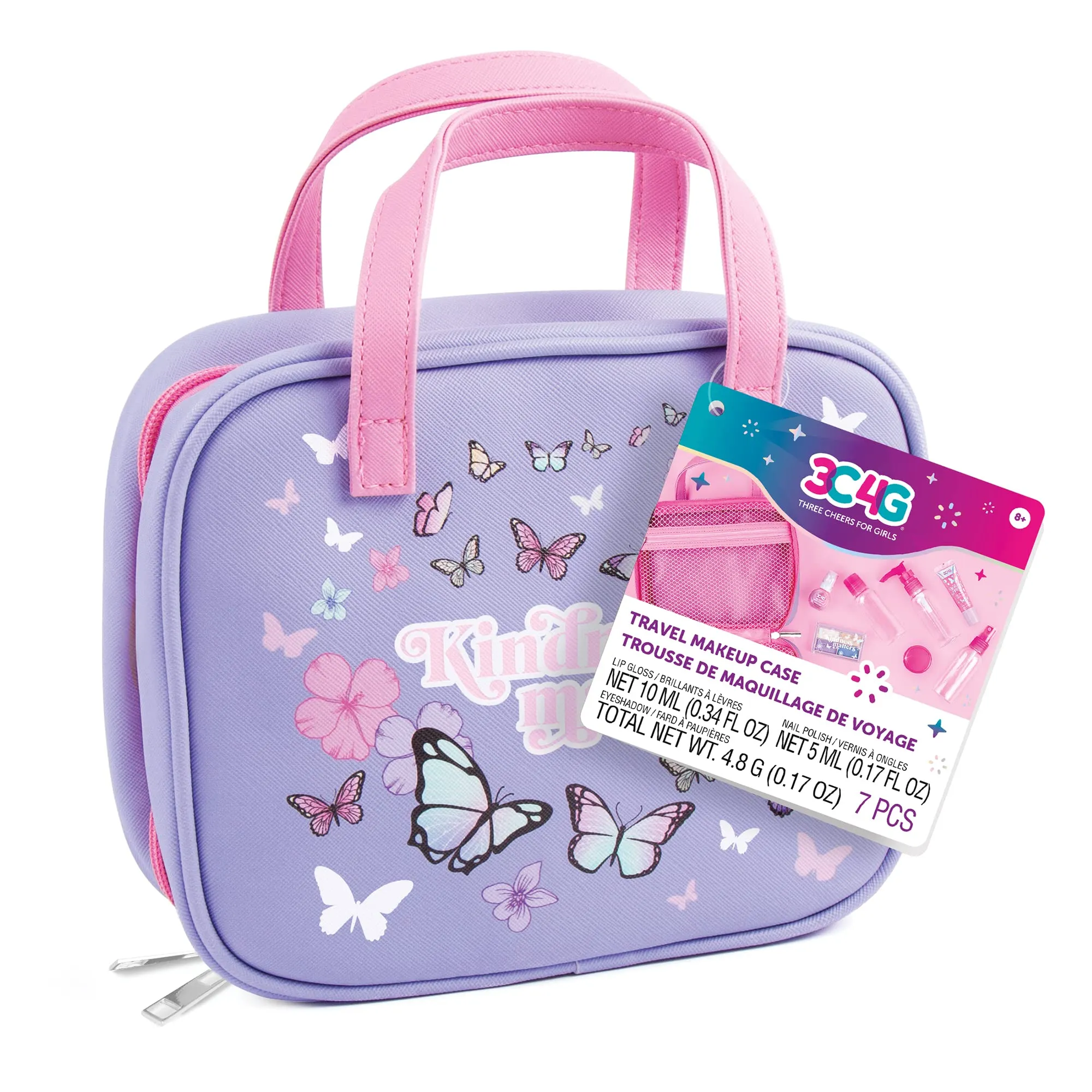 3C4G Butterfly Away Kids Travel Toiletries & Cosmetic Set with TSA Approved Travel Bottles, Girls Lip Gloss, Kids Nail Polish & More - Girls Makeup Bag, Travel Bottles for Toiletries by Make It Real