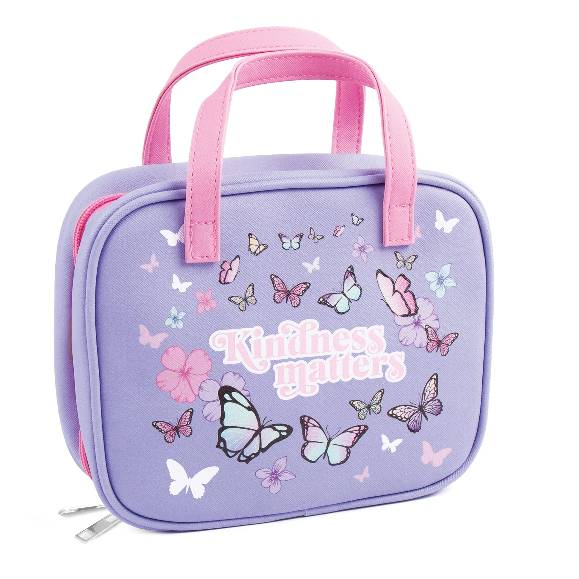 3C4G Butterfly Away Kids Travel Toiletries & Cosmetic Set with TSA Approved Travel Bottles, Girls Lip Gloss, Kids Nail Polish & More - Girls Makeup Bag, Travel Bottles for Toiletries by Make It Real
