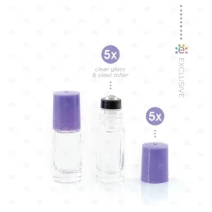 5ml Clear Glass Roller Bottle with Amethyst (Purple) Lid & Premium Stainless Steel Rollerball - 5 pack (NEW STYLE)