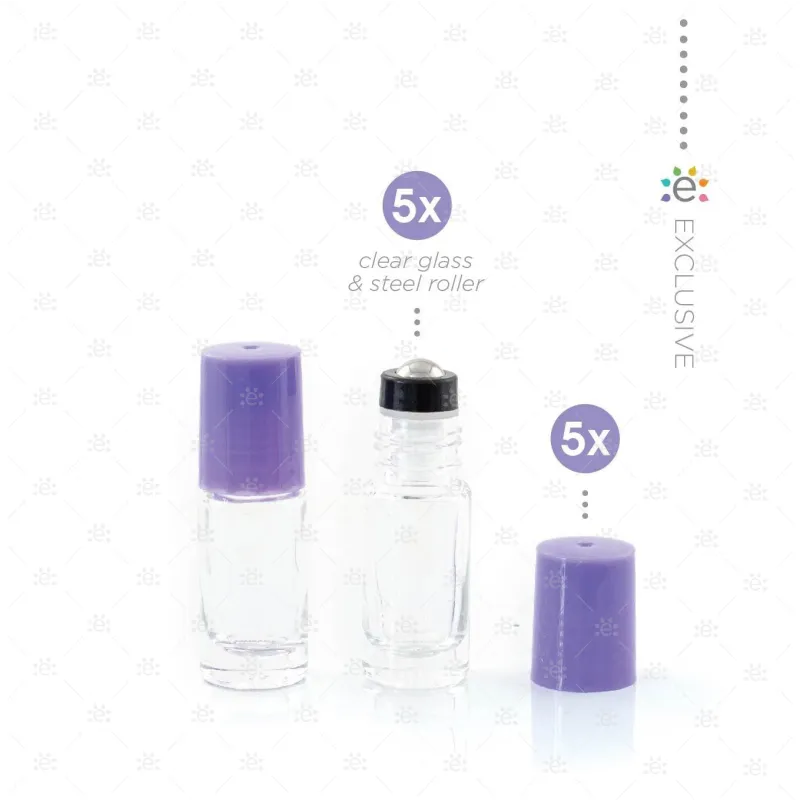 5ml Clear Glass Roller Bottle with Amethyst (Purple) Lid & Premium Stainless Steel Rollerball - 5 pack (NEW STYLE)