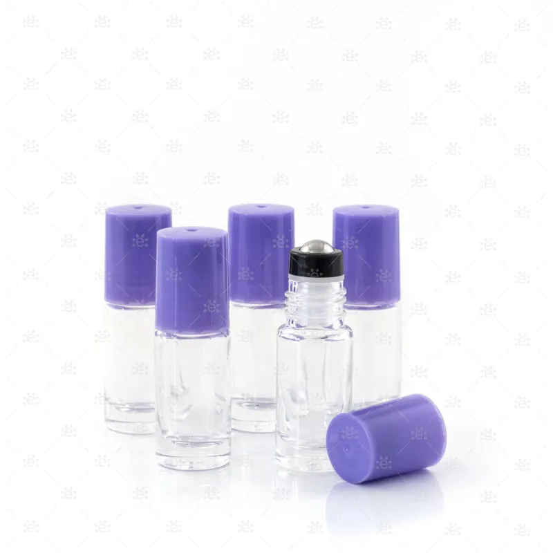 5ml Clear Glass Roller Bottle with Amethyst (Purple) Lid & Premium Stainless Steel Rollerball - 5 pack (NEW STYLE)