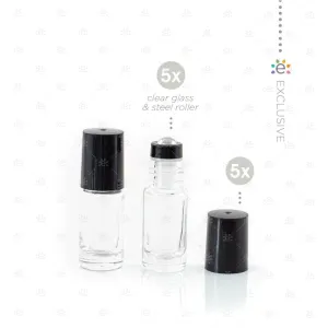 5ml Clear Glass Roller Bottle with Midnight (Black) Lid & Premium Stainless Steel Rollerball - 5 pack (NEW STYLE)