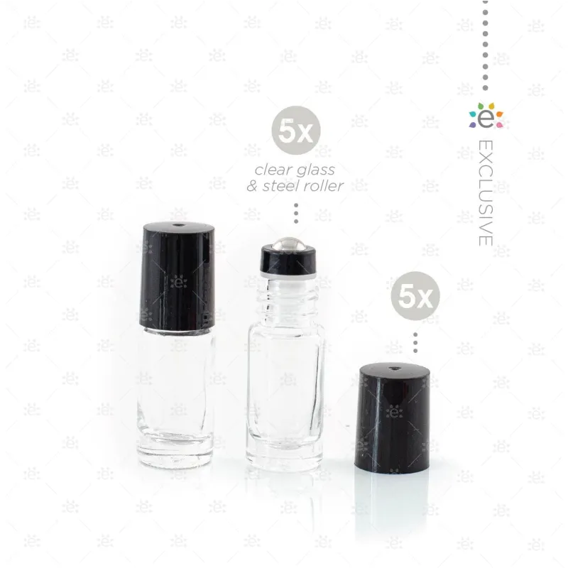 5ml Clear Glass Roller Bottle with Midnight (Black) Lid & Premium Stainless Steel Rollerball - 5 pack (NEW STYLE)