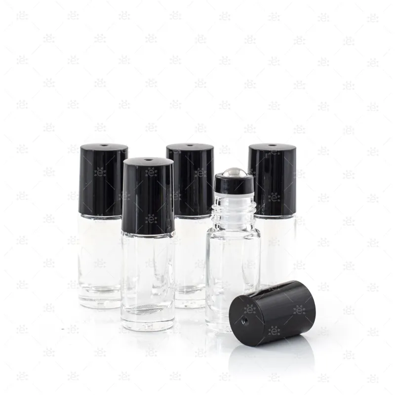 5ml Clear Glass Roller Bottle with Midnight (Black) Lid & Premium Stainless Steel Rollerball - 5 pack (NEW STYLE)
