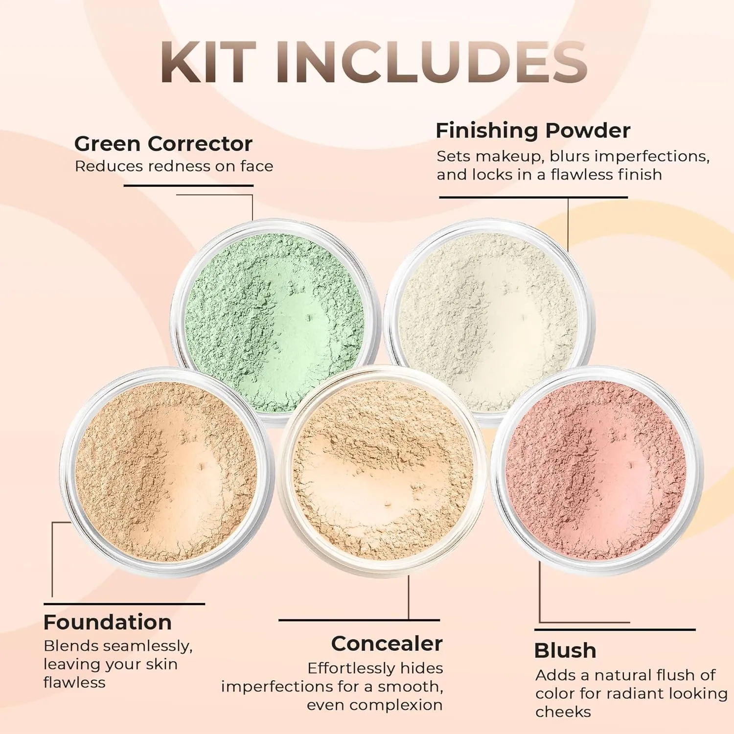 5pc KIT Mineral Makeup Bare Face Set Full Coverage Concealer Blush Foundation Illuminating Powder (Fair Shade 2)