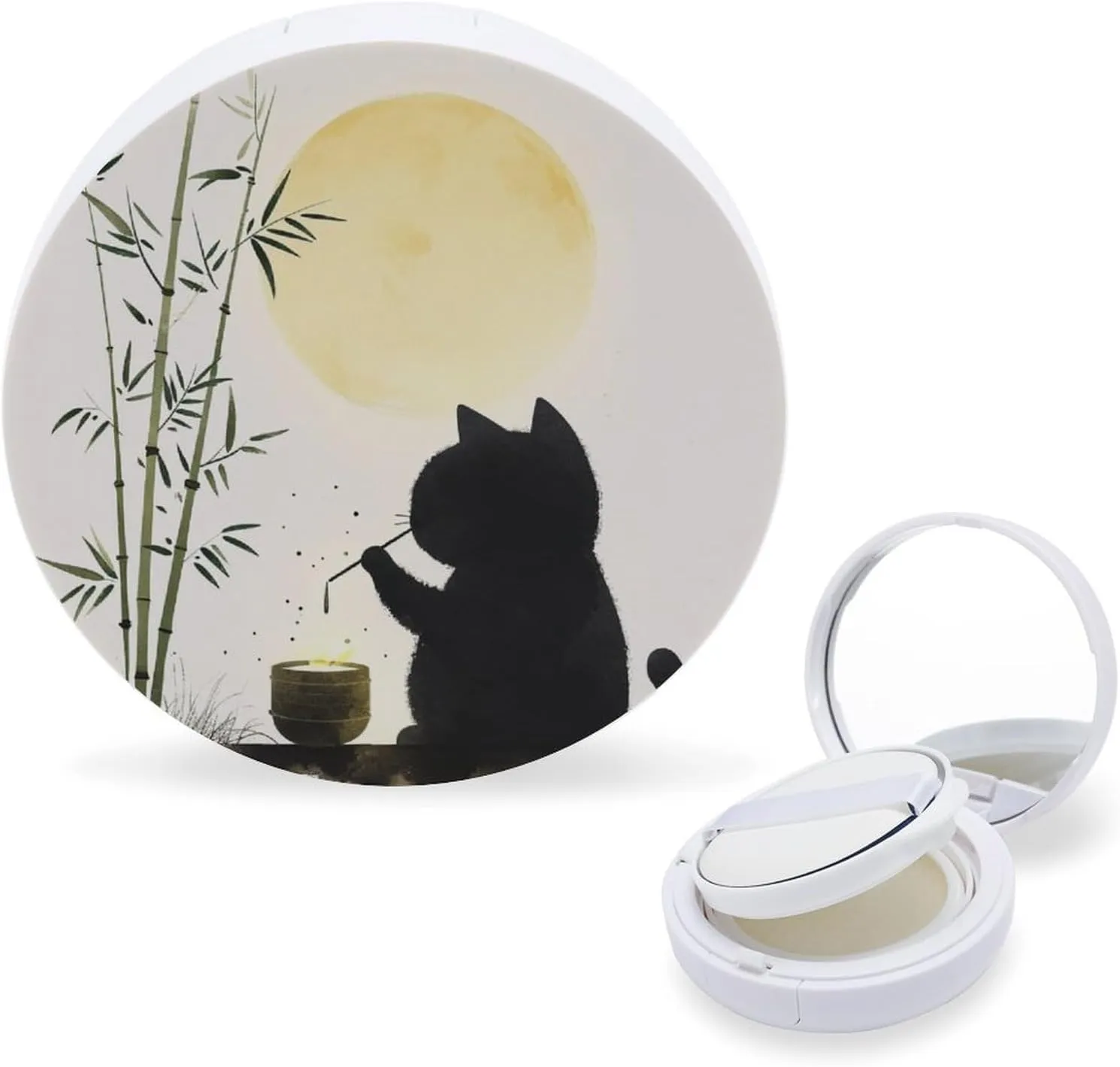 A Black Cat Air Cushion Puff Box Portable Cosmetic Makeup Case Container,holding A Bamboo Cup Drinking Loose Powder Foundation Container Suitable for BB Cream