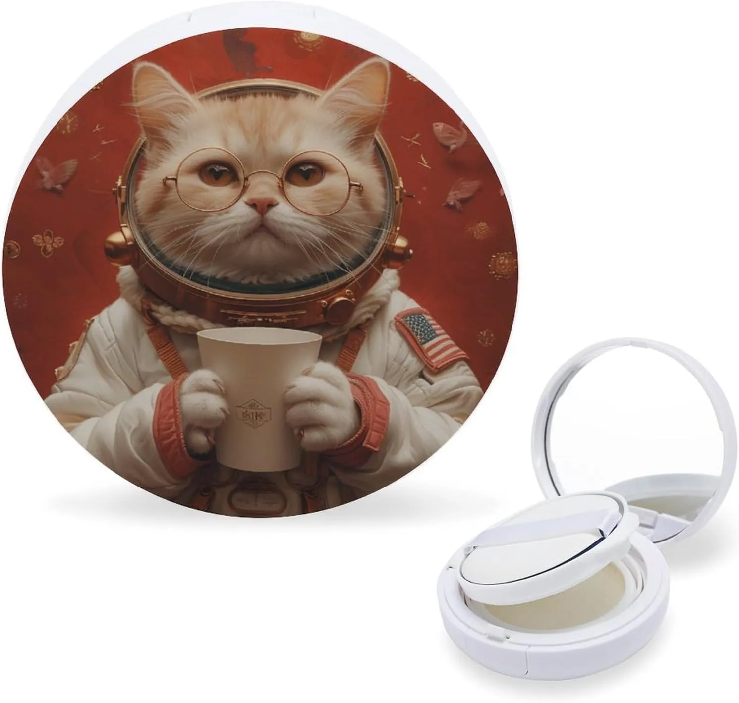 A Cute Cat Wearing An Astronaut Costume Air Cushion Puff Box Portable Cosmetic Makeup Case Container,holding A Paper Coffee Cup Loose Powder Foundation Container Suitable for BB Cream