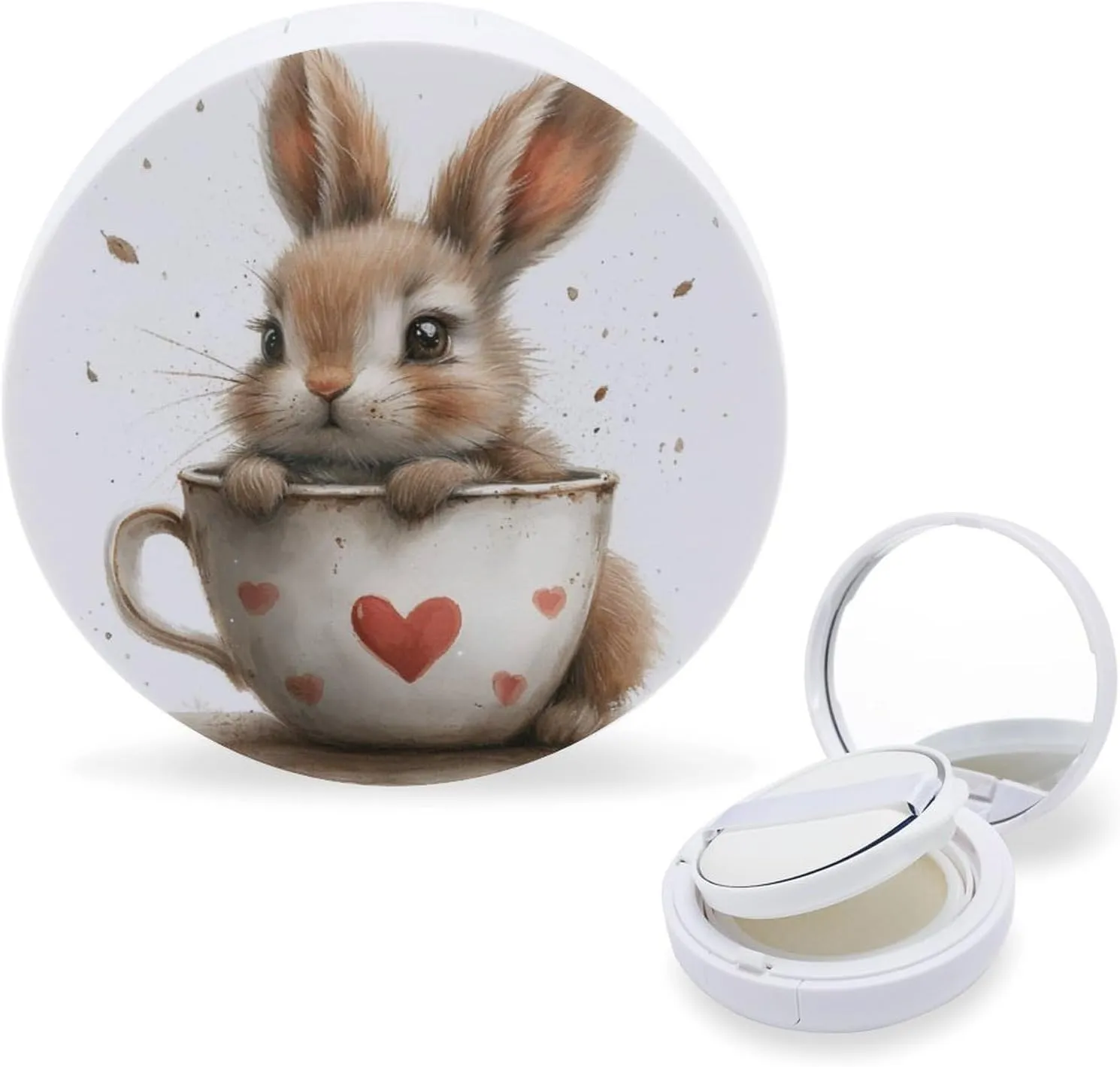 A Hare Sits in A Large Cup, A Heart Is Drawn on The Cup Air Cushion Puff Box Portable Cosmetic Makeup Case Container,cartoon Loose Powder Foundation Container Suitable for BB Cream