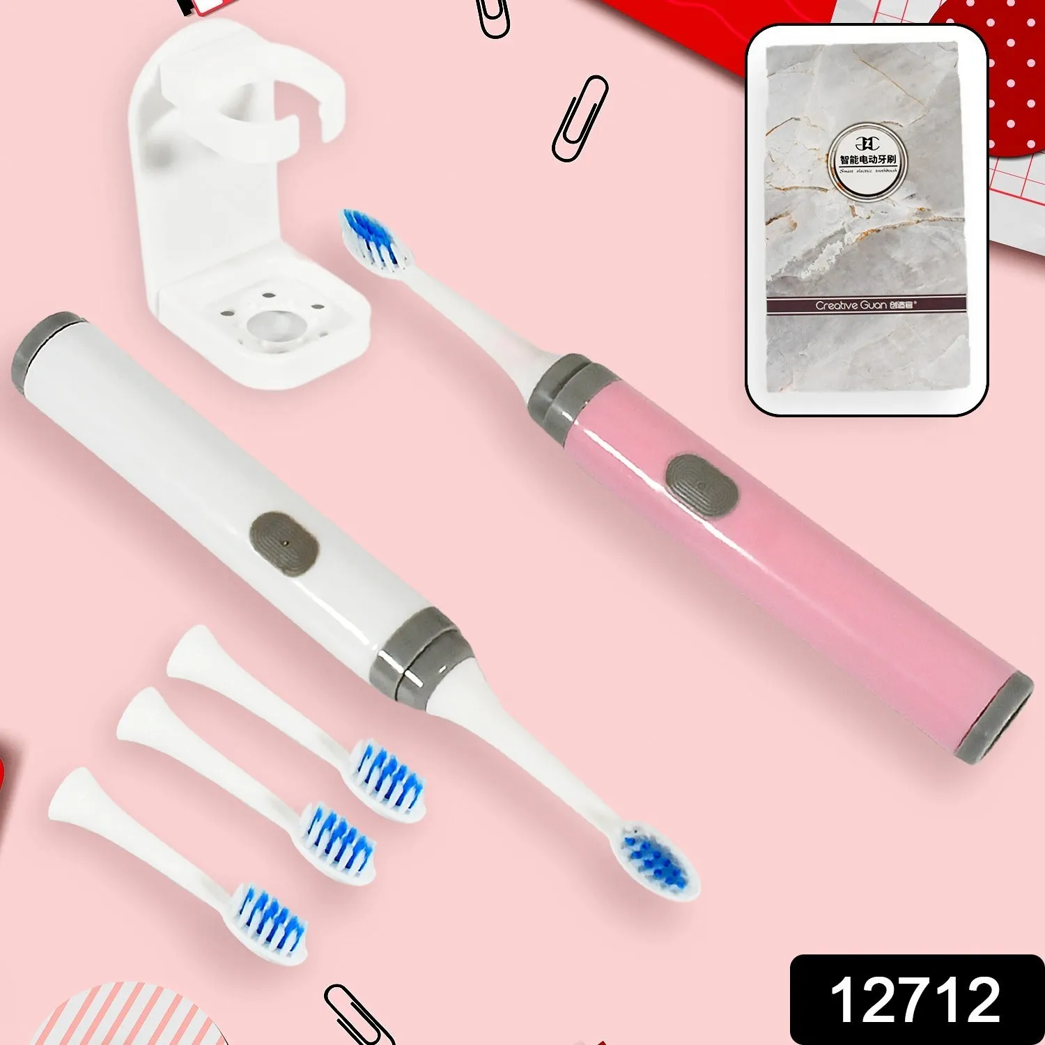 Adult Waterproof Sonic Toothbrush with 4 Heads & Holder