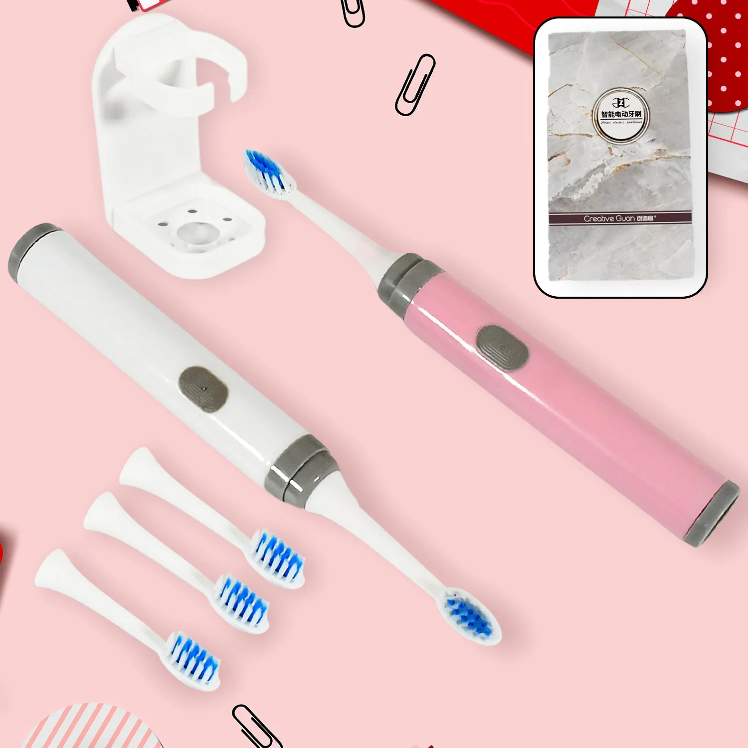Adult Waterproof Sonic Toothbrush with 4 Heads & Holder
