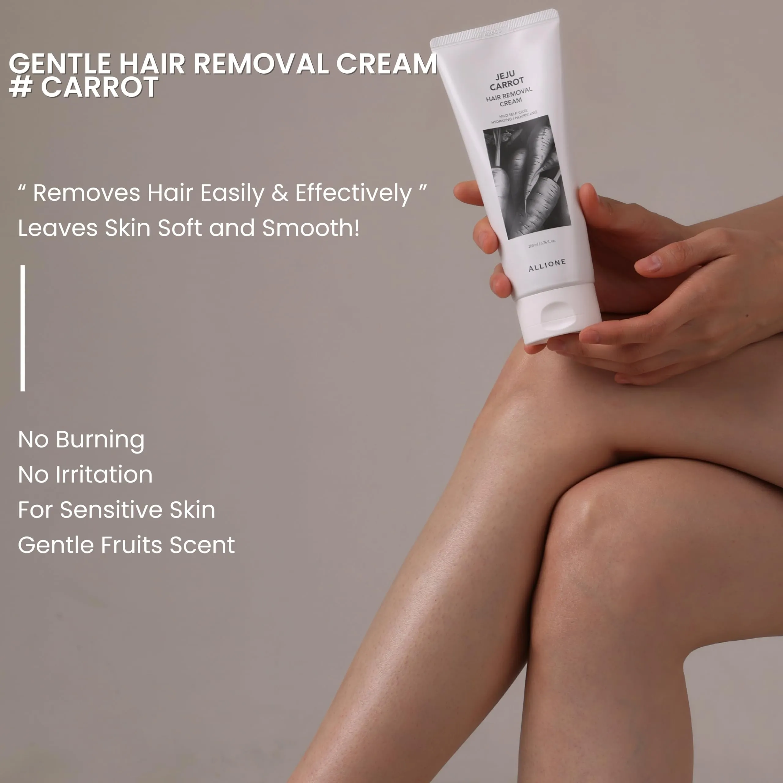 Allione Hair Removal Cream with Carrot | Sooth & Painless for Sensitive Skin, Bikini, Underarms, Arms, Legs, Chest Hair Removal with Fruits Scent, Crema Depiladora for Women & Men, 200ml