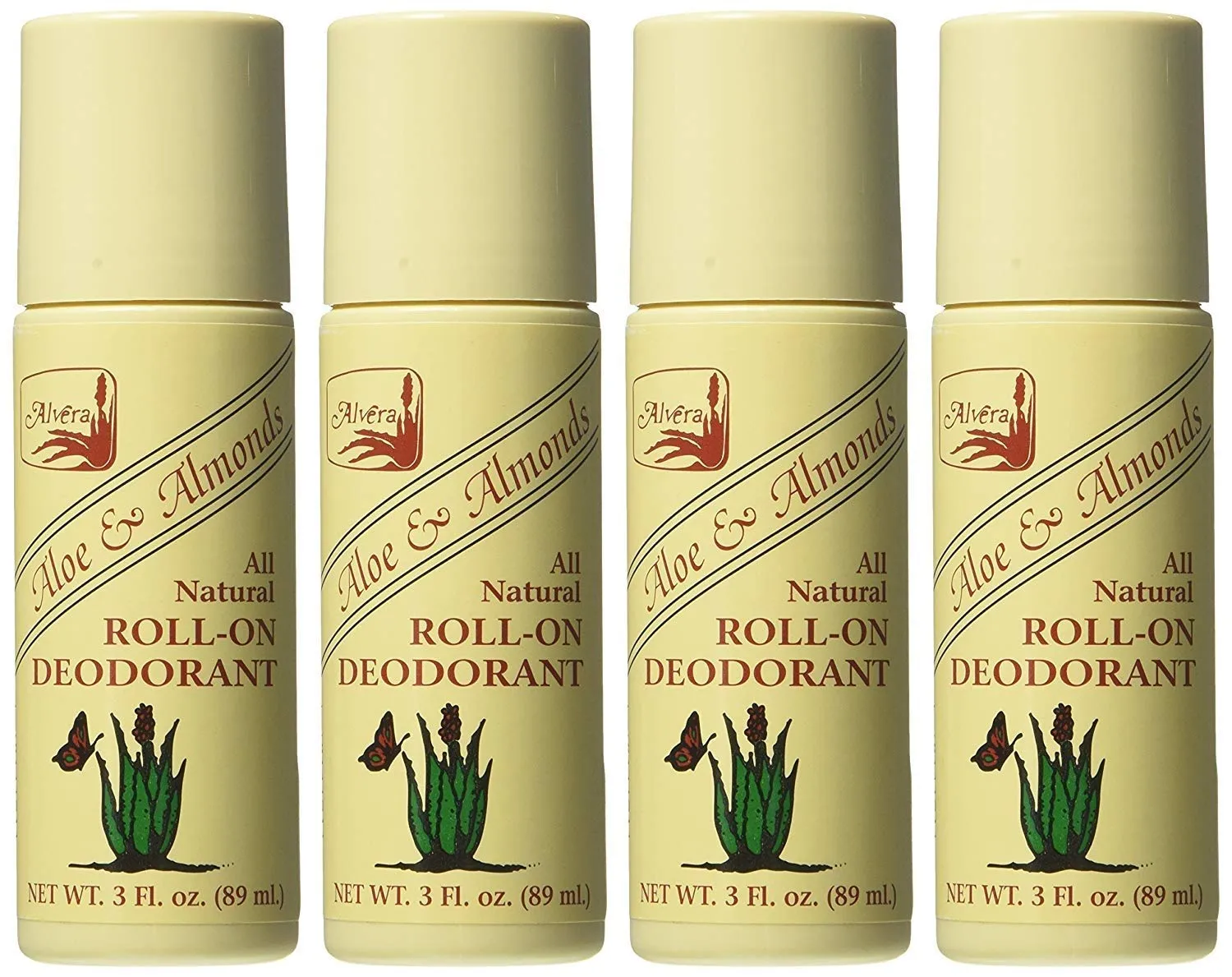 Alvera All Natural Roll-On Deodorant Aloe & Almonds - 3 Fl Oz, 4 pack 3 Fl Oz (Pack of 4)