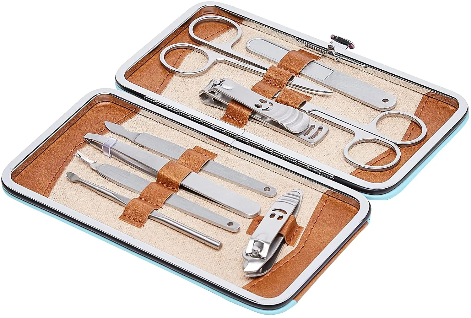 Amazon Basics 9-Piece Manicure and Pedicure Nail Clipping Set with Case- Stainless Steel, Turquoise