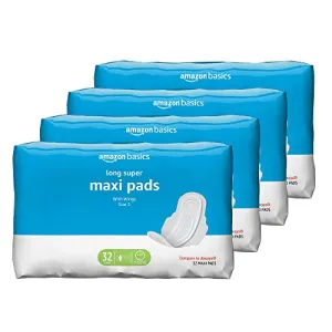 Amazon Basics Thick Maxi Pads with Flexi-Wings for Periods, Long Length, Super Absorbency, Unscented, Size 2, 128 Count, 4 Packs of 32 (Previously Solimo)