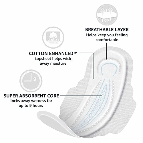 Amazon Basics Thick Maxi Pads with Flexi-Wings for Periods, Long Length, Super Absorbency, Unscented, Size 2, 128 Count, 4 Packs of 32 (Previously Solimo)