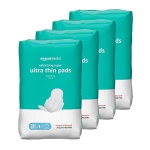 Amazon Basics Ultra Thin Pads with Flexi-Wings for Periods, Extra Long Length, Super Absorbency, Unscented, Size 3, 112 Count, 4 Packs of 28 (Previously Solimo)