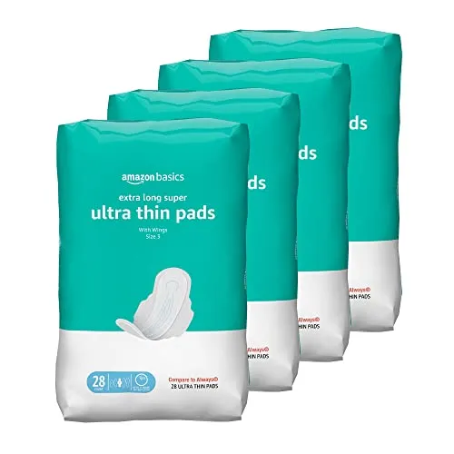 Amazon Basics Ultra Thin Pads with Flexi-Wings for Periods, Extra Long Length, Super Absorbency, Unscented, Size 3, 112 Count, 4 Packs of 28 (Previously Solimo)
