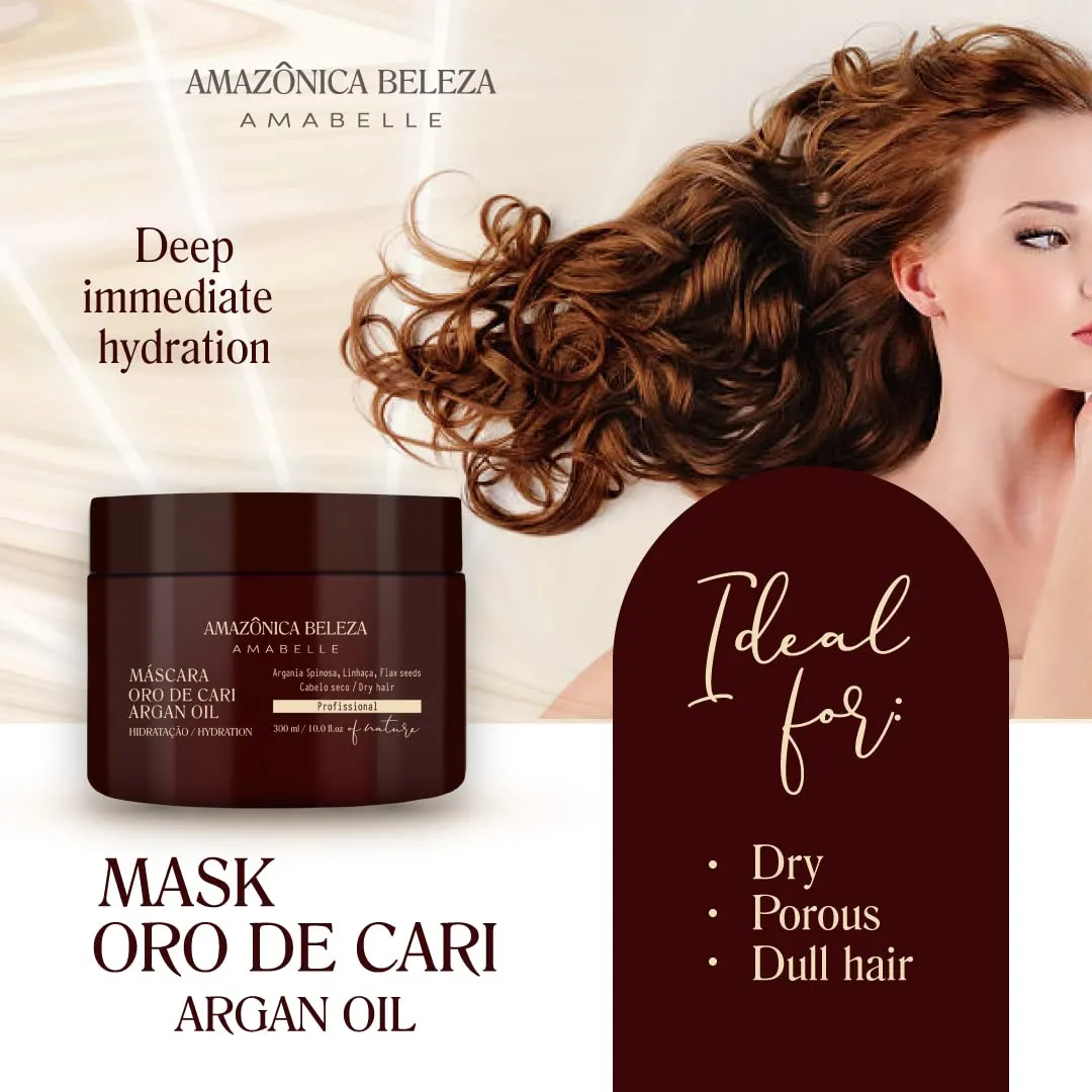 AMAZONICA BELEZA Oro de Cari Hair Mask, Intensive Hydration for Dry Hair with Argan Oil and Vitamin E, Professional Line, 10 Oz
