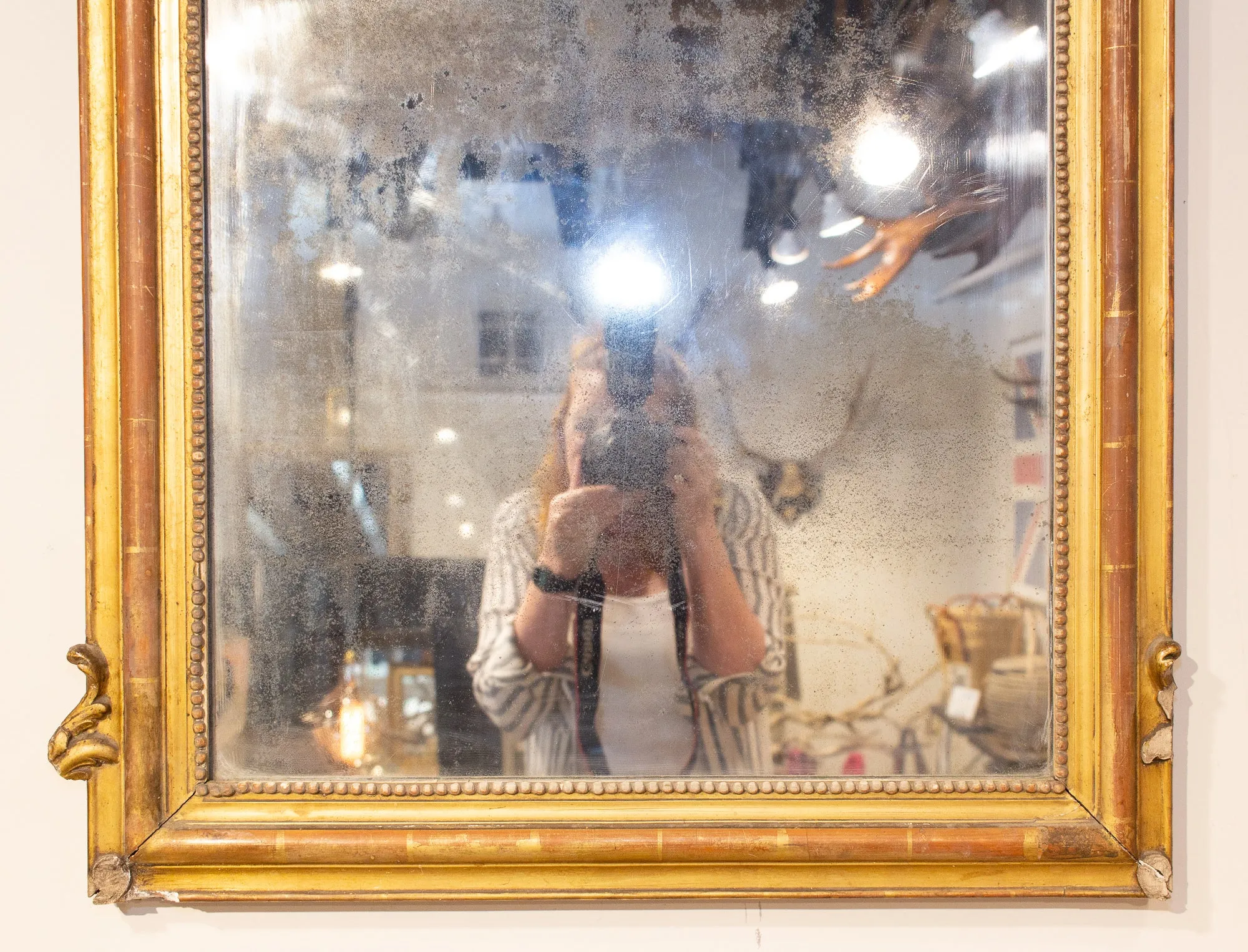 Antique French Louis Philippe Gilt Mirror with Scroll Cartouche Detail