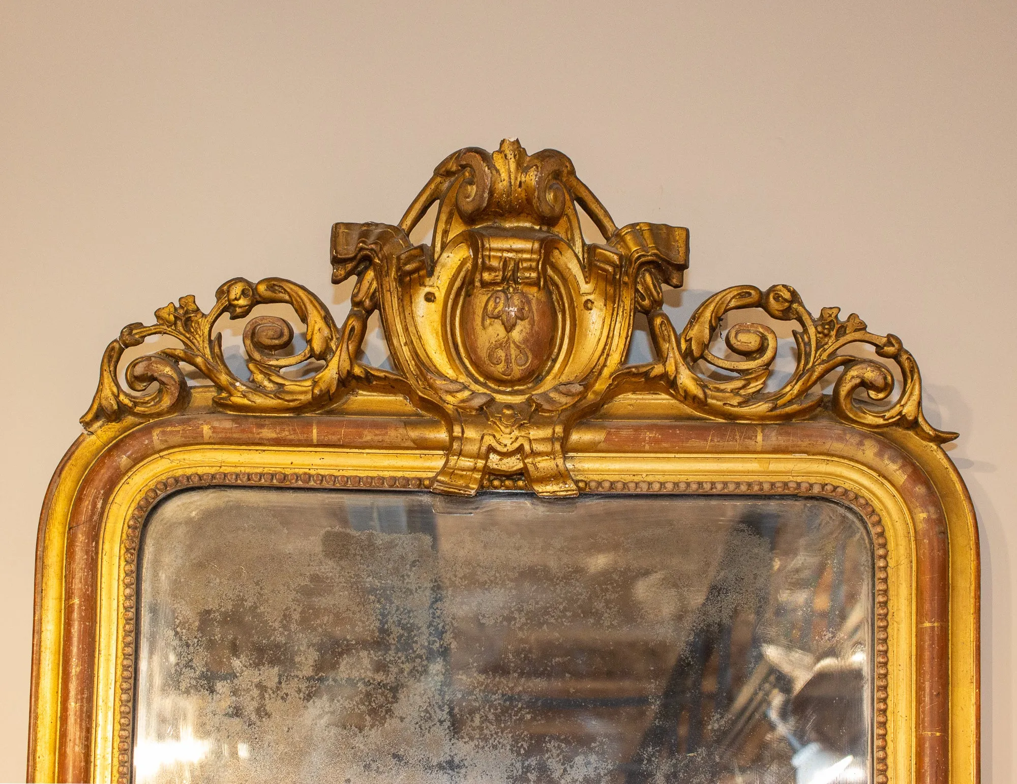 Antique French Louis Philippe Gilt Mirror with Scroll Cartouche Detail