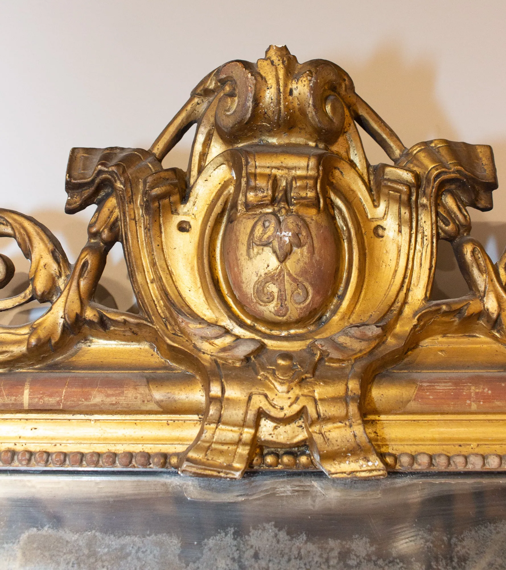 Antique French Louis Philippe Gilt Mirror with Scroll Cartouche Detail