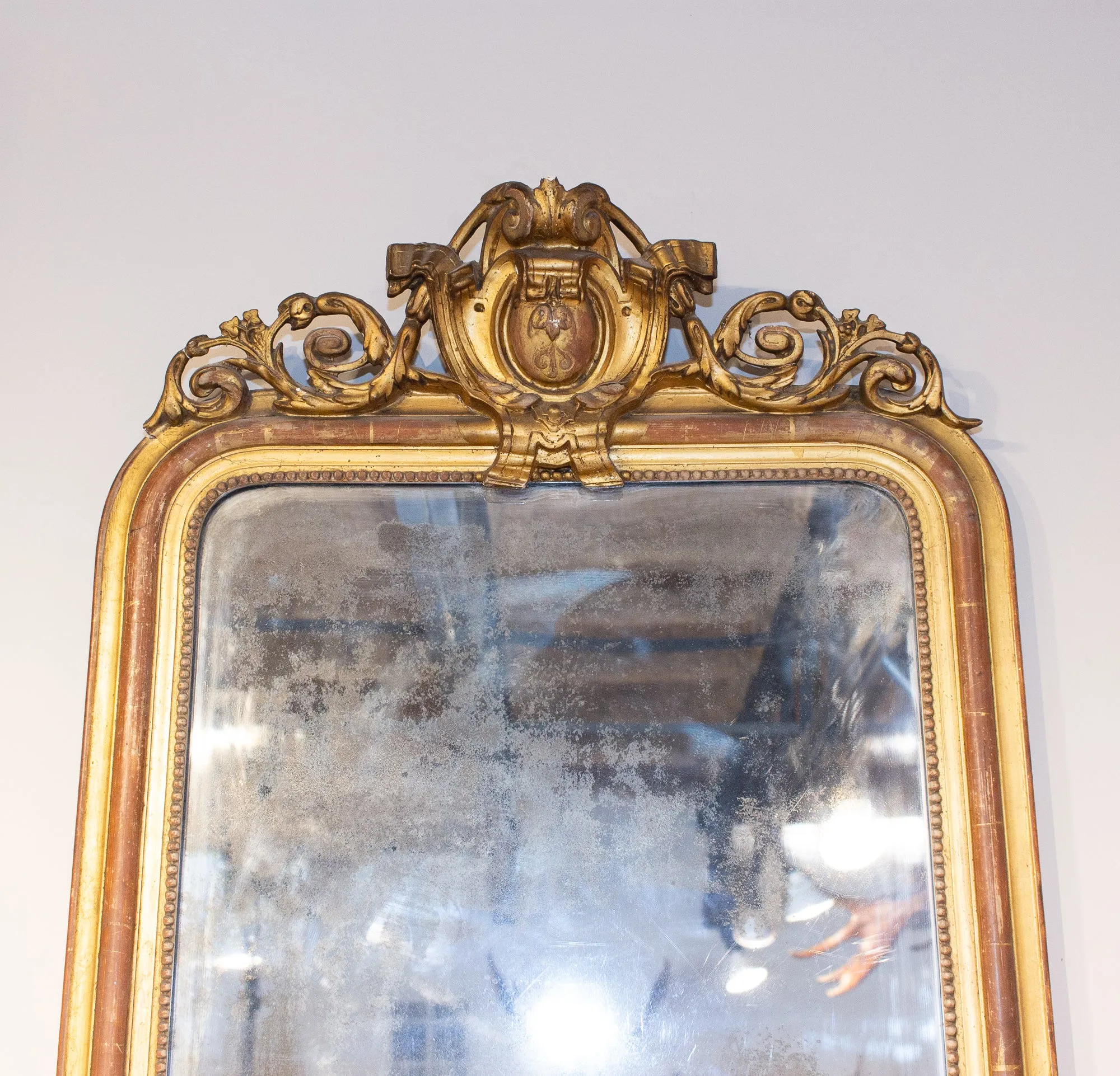 Antique French Louis Philippe Gilt Mirror with Scroll Cartouche Detail