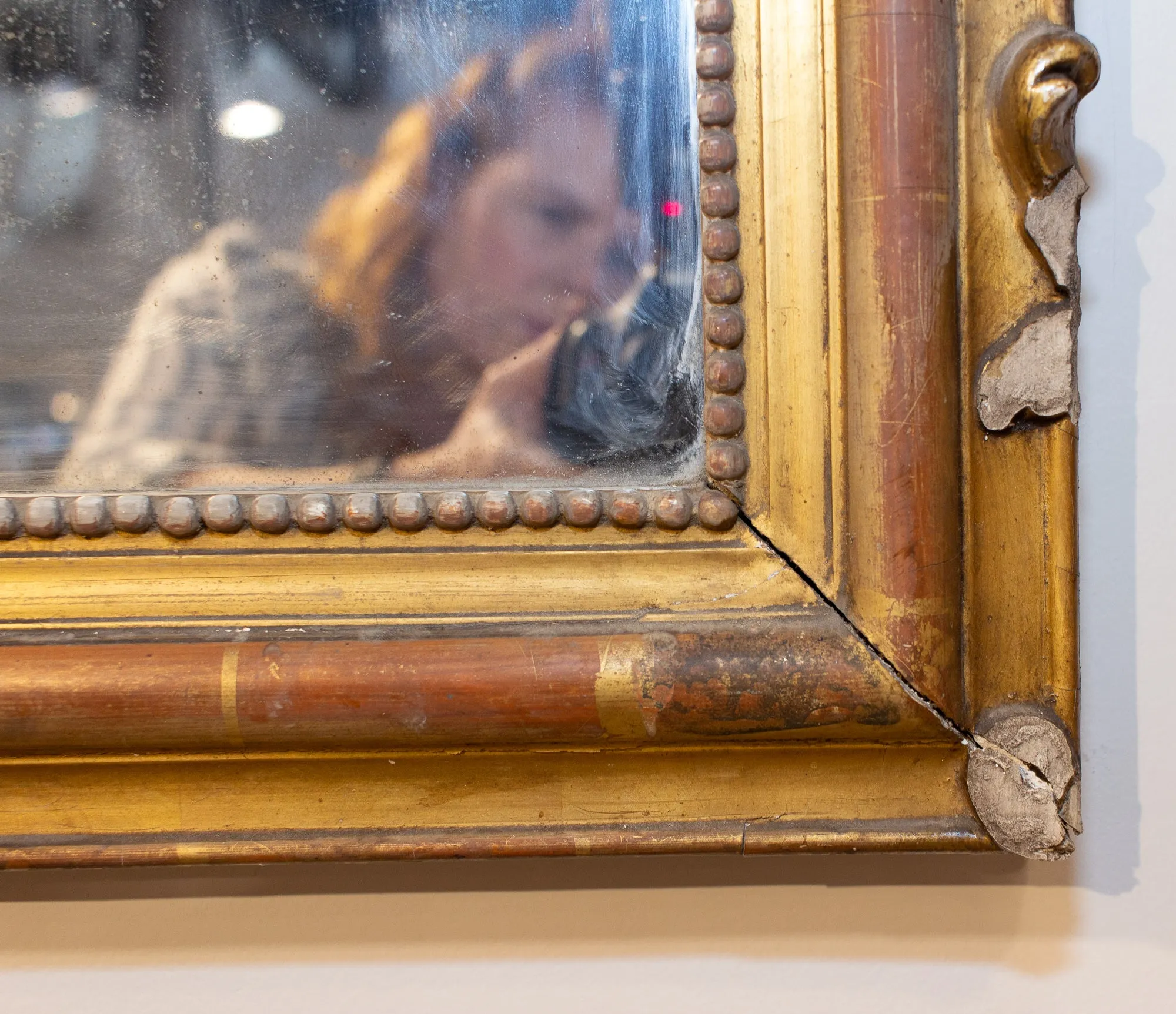 Antique French Louis Philippe Gilt Mirror with Scroll Cartouche Detail