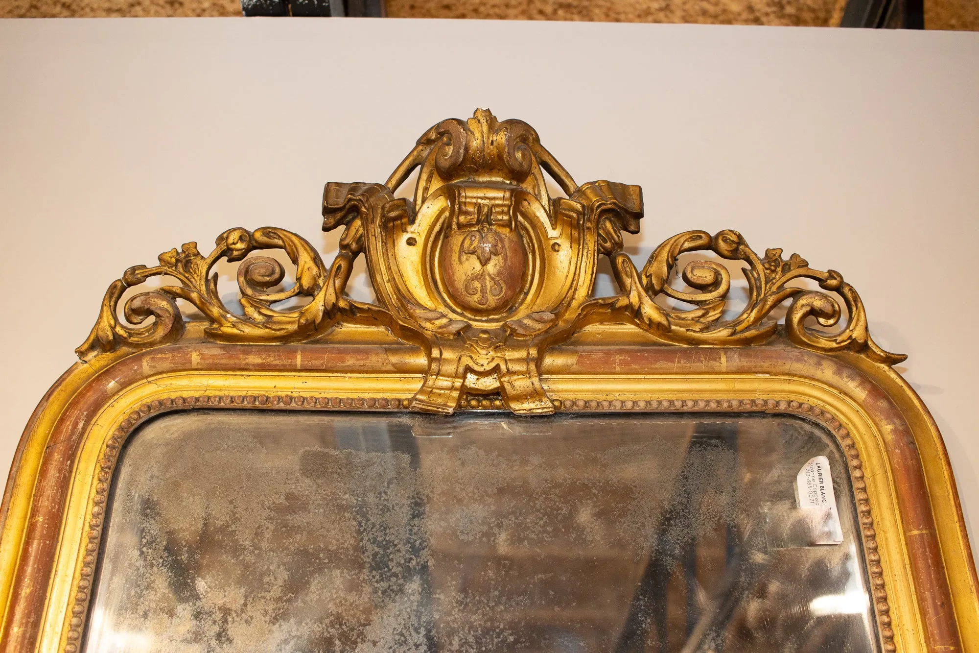 Antique French Louis Philippe Gilt Mirror with Scroll Cartouche Detail