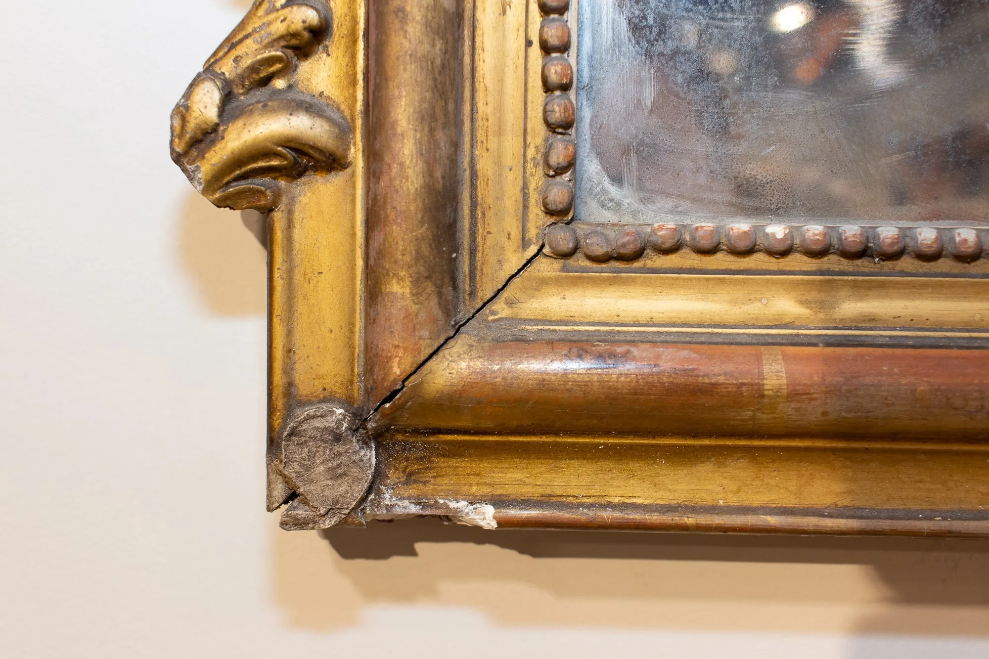 Antique French Louis Philippe Gilt Mirror with Scroll Cartouche Detail