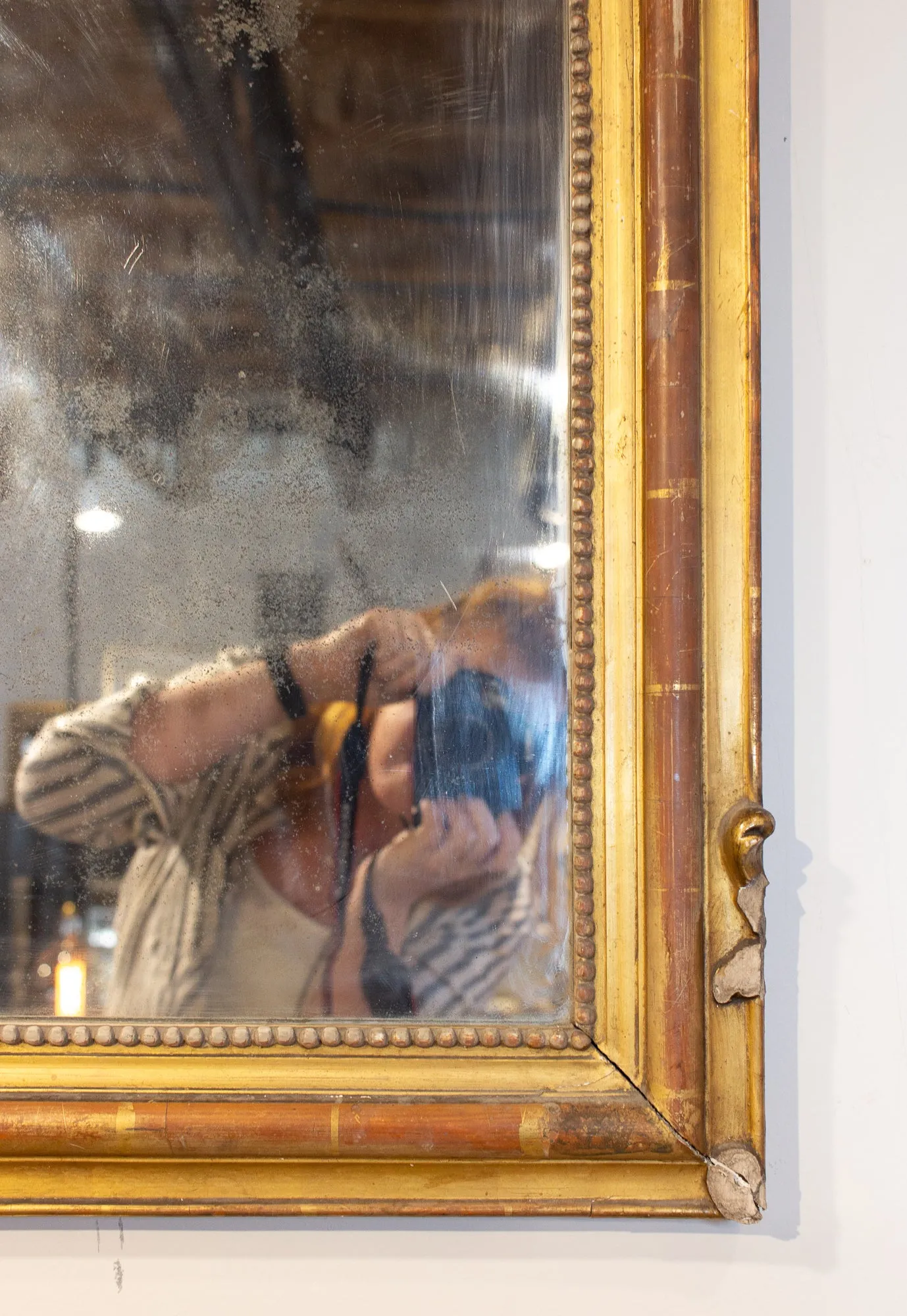 Antique French Louis Philippe Gilt Mirror with Scroll Cartouche Detail