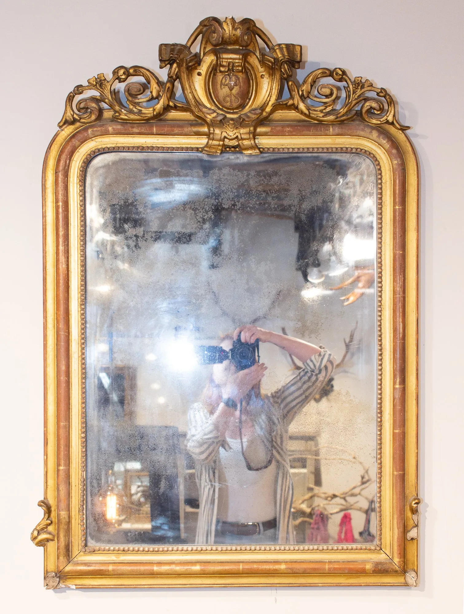 Antique French Louis Philippe Gilt Mirror with Scroll Cartouche Detail