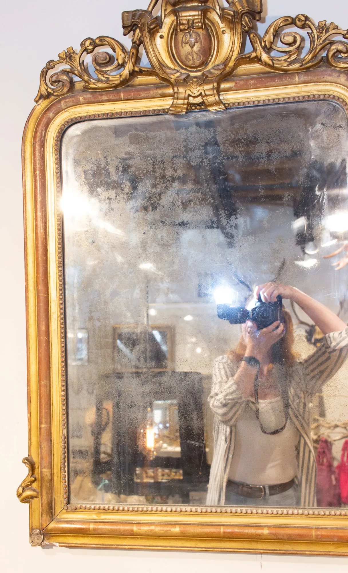 Antique French Louis Philippe Gilt Mirror with Scroll Cartouche Detail