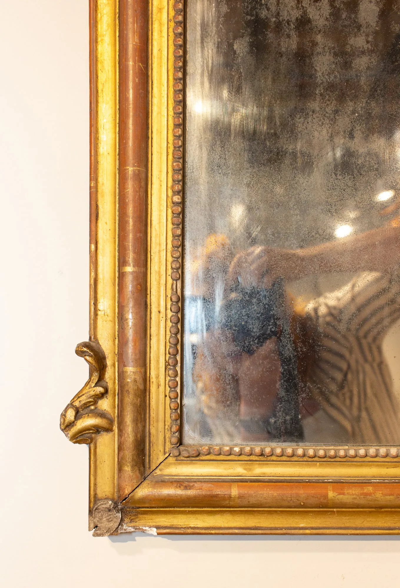 Antique French Louis Philippe Gilt Mirror with Scroll Cartouche Detail